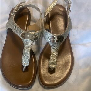Michael Kors Silver T-Strap Sandals with Textured Finish